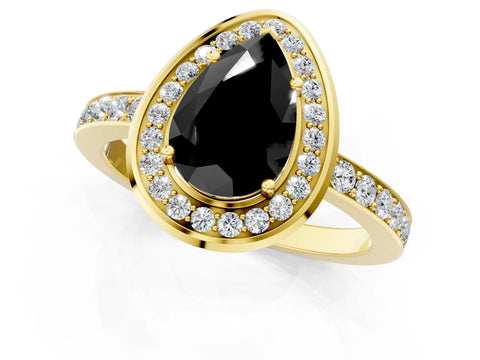 Yellow gold Fancy Black Pear Cut Diamond Halo Ring with Bezel Frame and Pavé Band_1