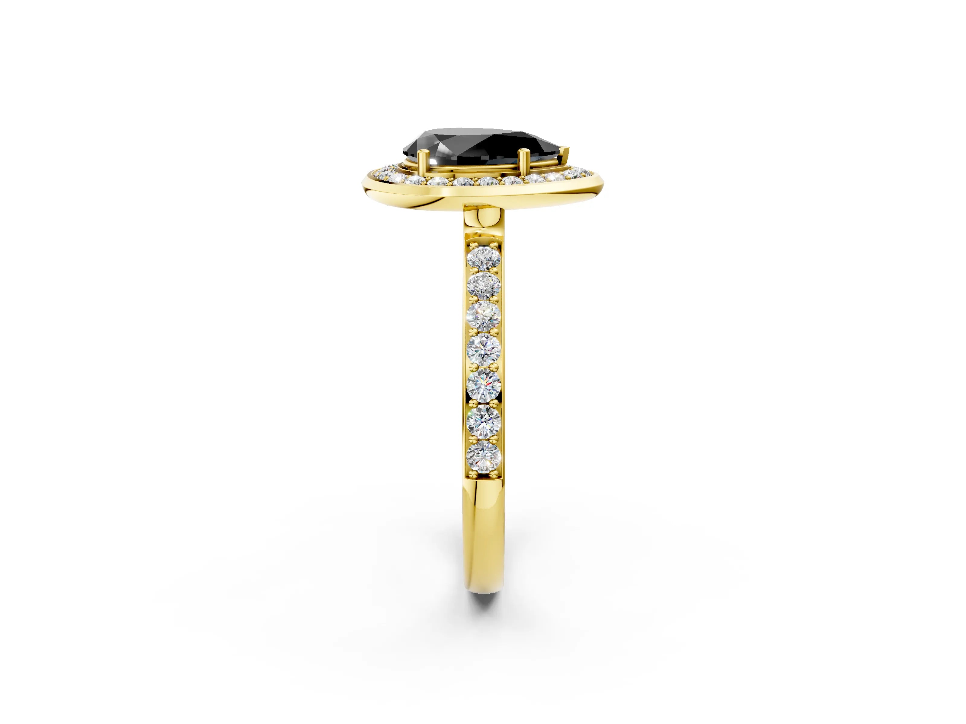 Yellow gold Fancy Black Pear Cut Diamond Halo Ring with Bezel Frame and Pavé Band_2