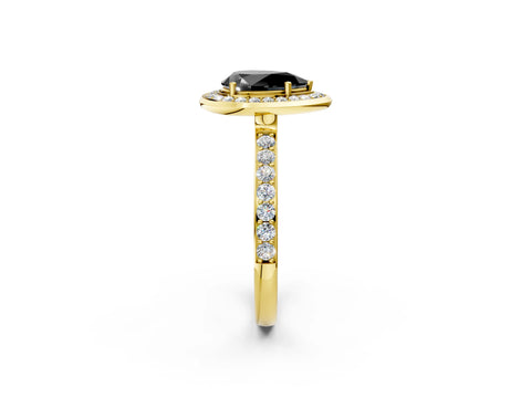 Yellow gold Fancy Black Pear Cut Diamond Halo Ring with Bezel Frame and Pavé Band_2