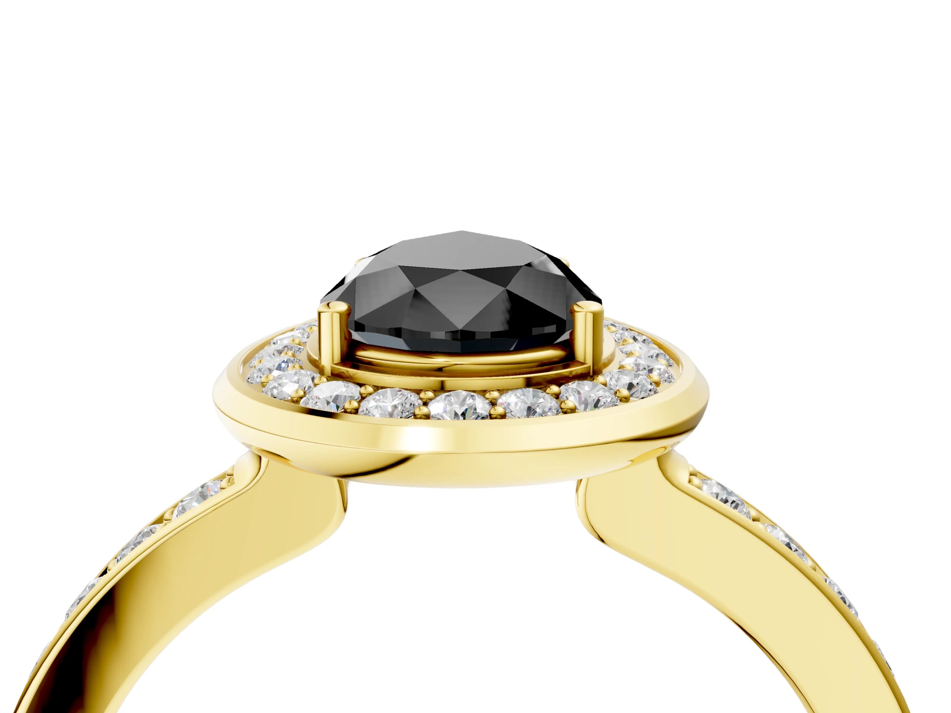 Yellow gold Fancy Black Pear Cut Diamond Halo Ring with Bezel Frame and Pavé Band_4