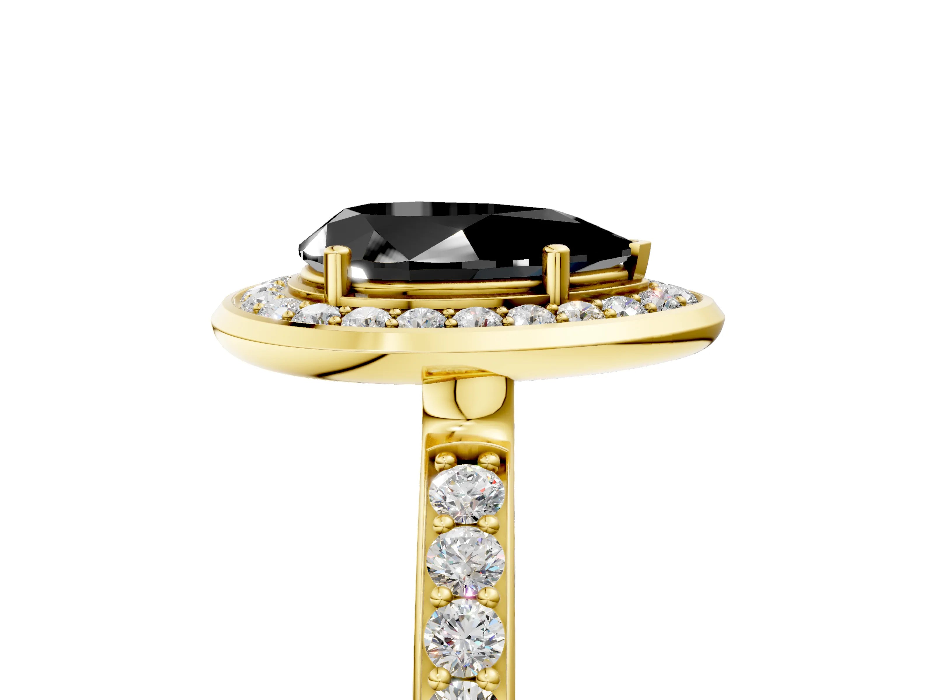 Yellow gold Fancy Black Pear Cut Diamond Halo Ring with Bezel Frame and Pavé Band_5