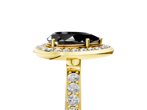 Yellow gold Fancy Black Pear Cut Diamond Halo Ring with Bezel Frame and Pavé Band_5