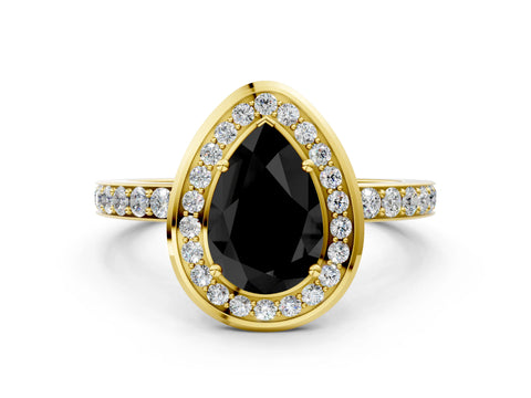 Yellow gold Fancy Black Pear Cut Diamond Halo Ring with Bezel Frame and Pavé Band