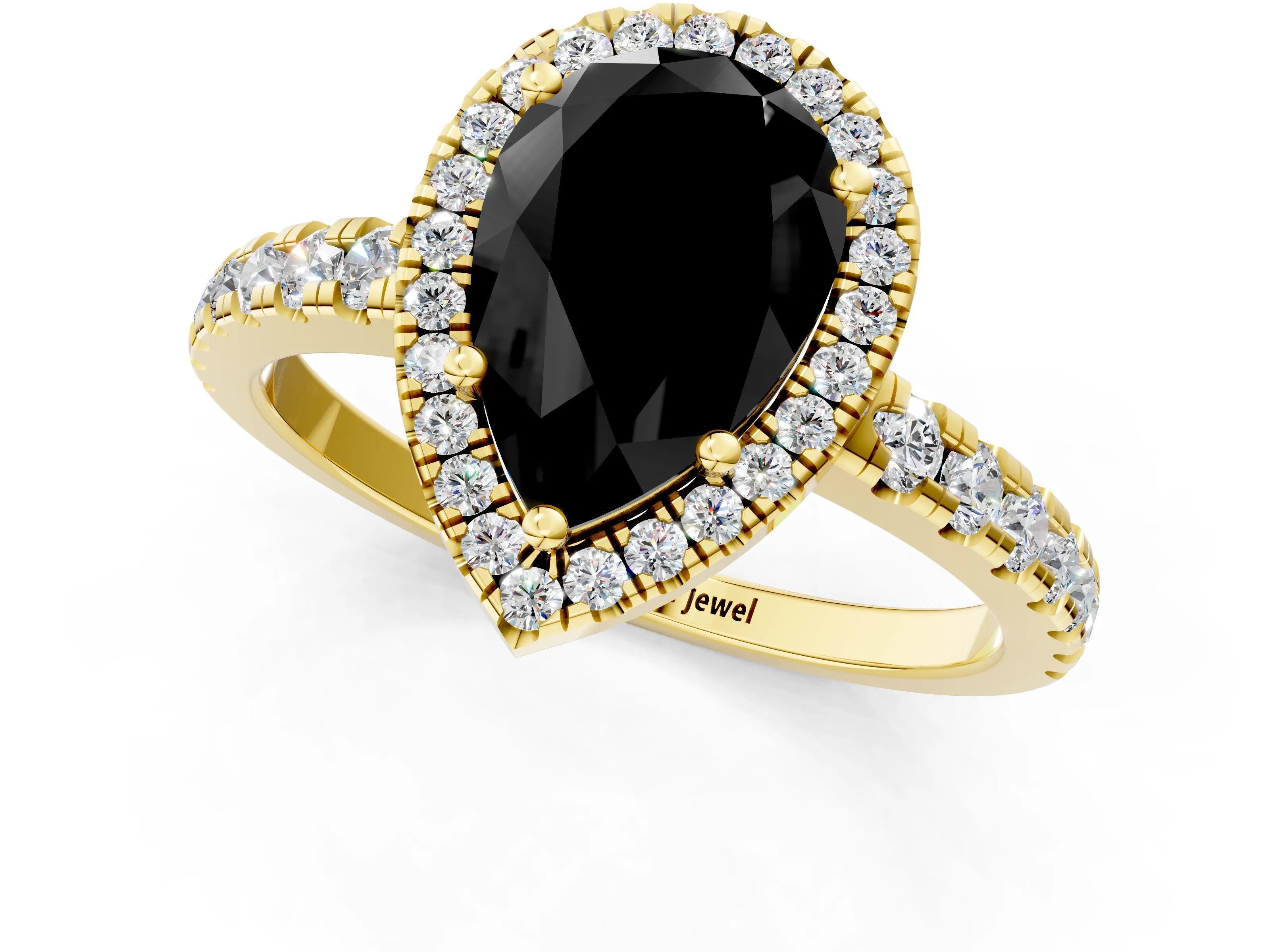 Yellow gold Fancy Black Pear Cut Diamond Halo Ring with Pavé Band and Four-Prong Setting_1