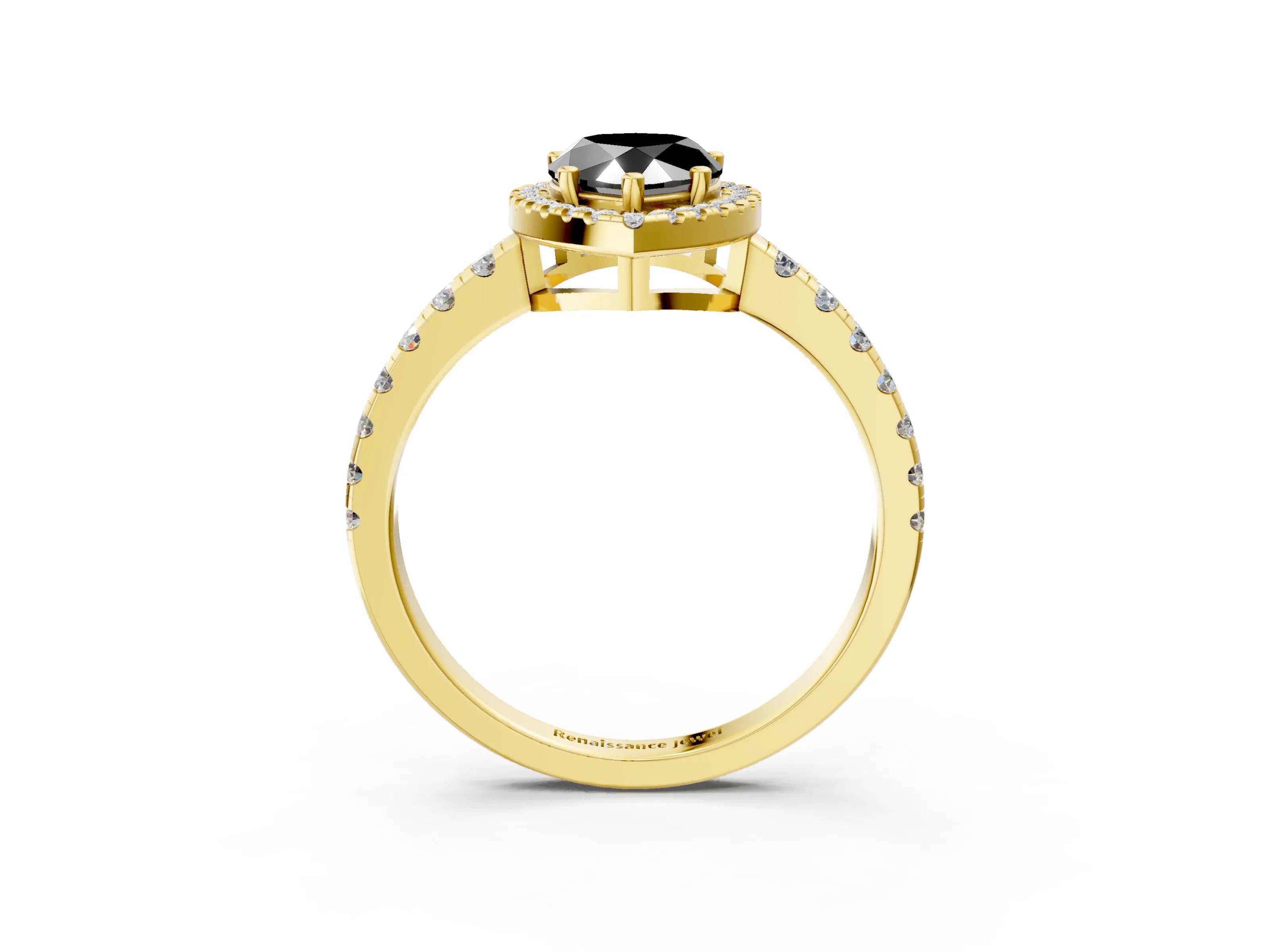 Yellow gold Fancy Black Pear Cut Diamond Halo Ring with Pavé Band and Four-Prong Setting_3