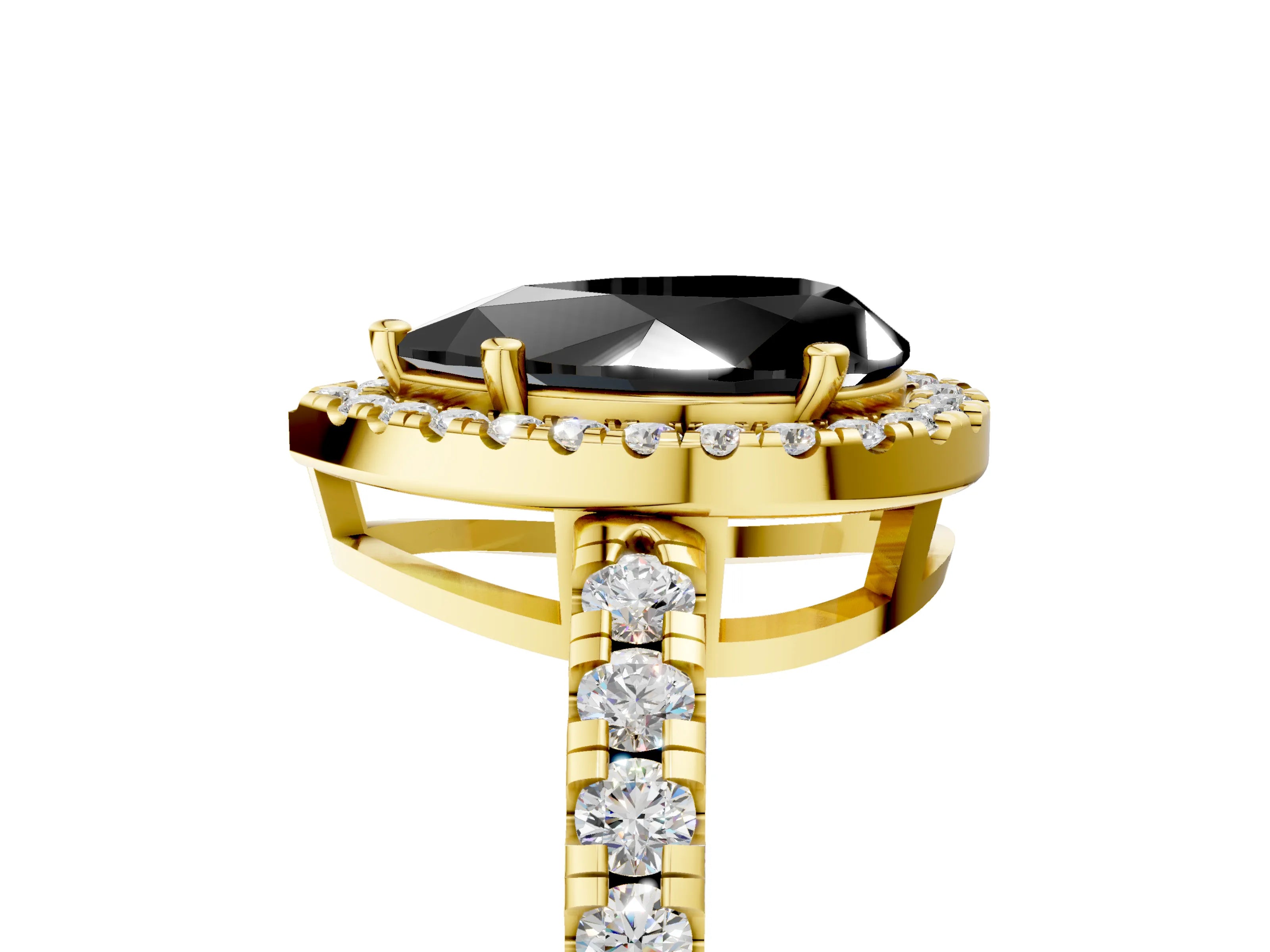 Yellow gold Fancy Black Pear Cut Diamond Halo Ring with Pavé Band and Four-Prong Setting_5