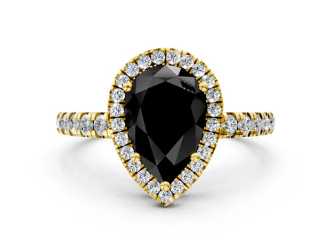 Yellow gold Fancy Black Pear Cut Diamond Halo Ring with Pavé Band and Four-Prong Setting