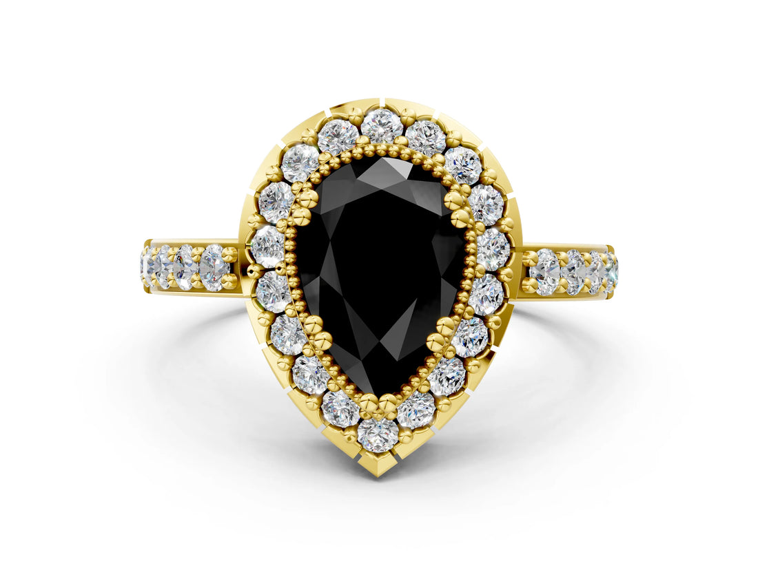 Yellow gold Fancy Black Pear Cut Diamond Halo Ring with Pavé Band and Prong Setting