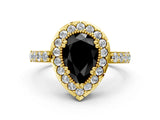 Yellow gold Fancy Black Pear Cut Diamond Halo Ring with Pavé Band and Prong Setting