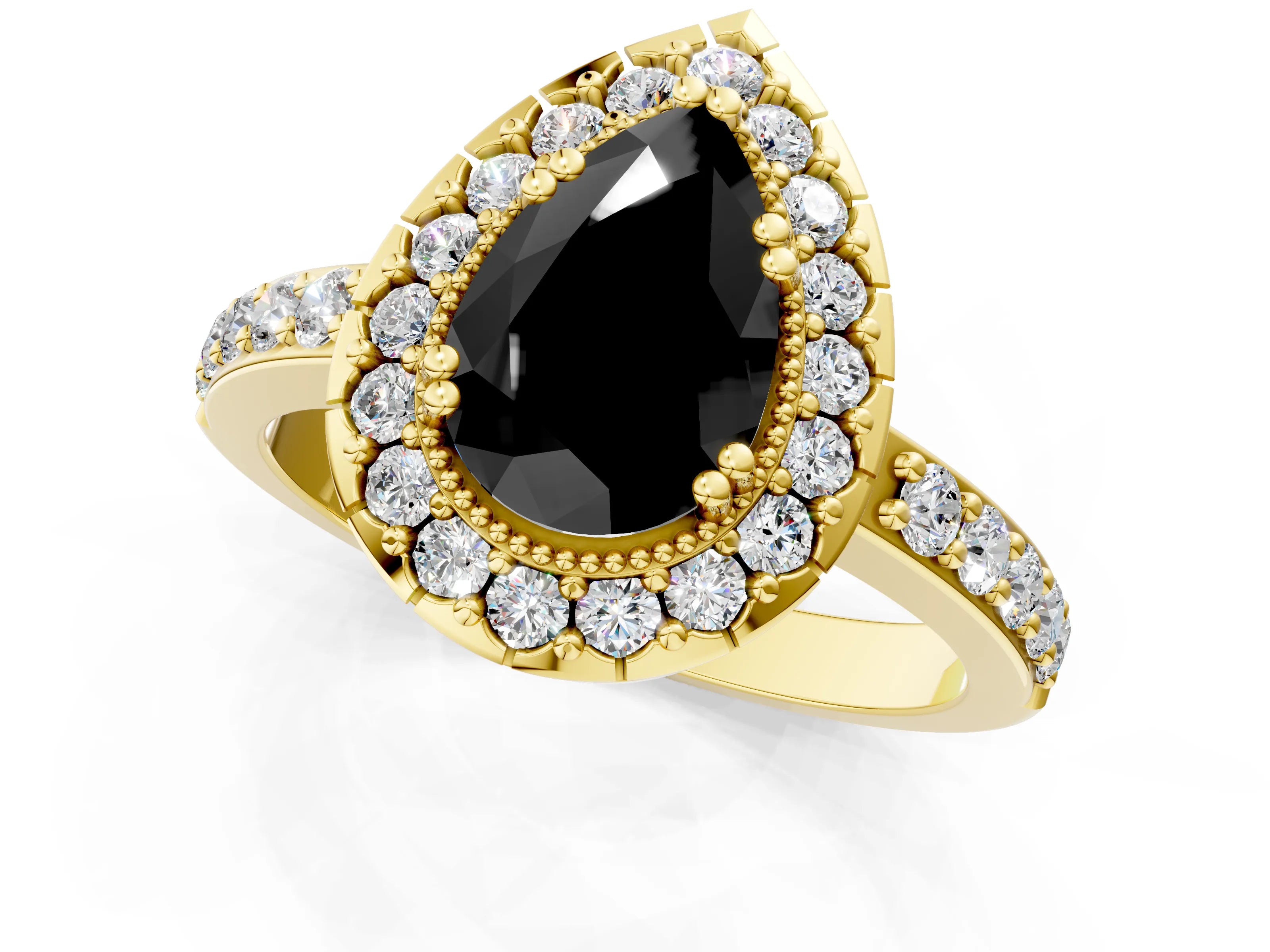 Yellow gold Fancy Black Pear Cut Diamond Halo Ring with Pavé Band and Prong Setting_1