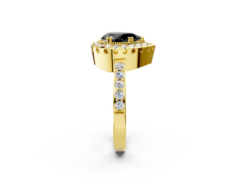 Yellow gold Fancy Black Pear Cut Diamond Halo Ring with Pavé Band and Prong Setting_2