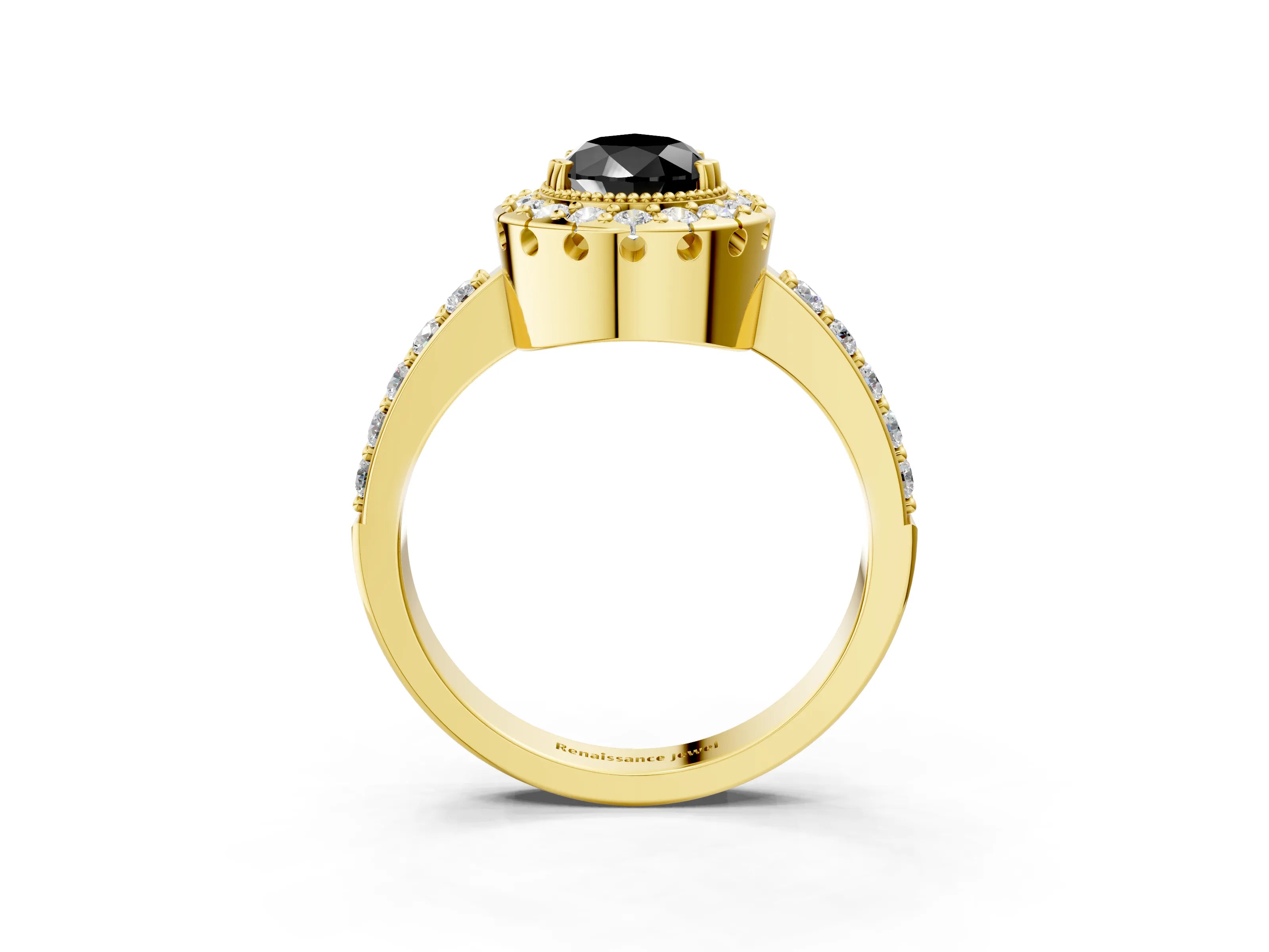 Yellow gold Fancy Black Pear Cut Diamond Halo Ring with Pavé Band and Prong Setting_3
