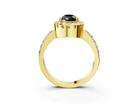 Yellow gold Fancy Black Pear Cut Diamond Halo Ring with Pavé Band and Prong Setting_3
