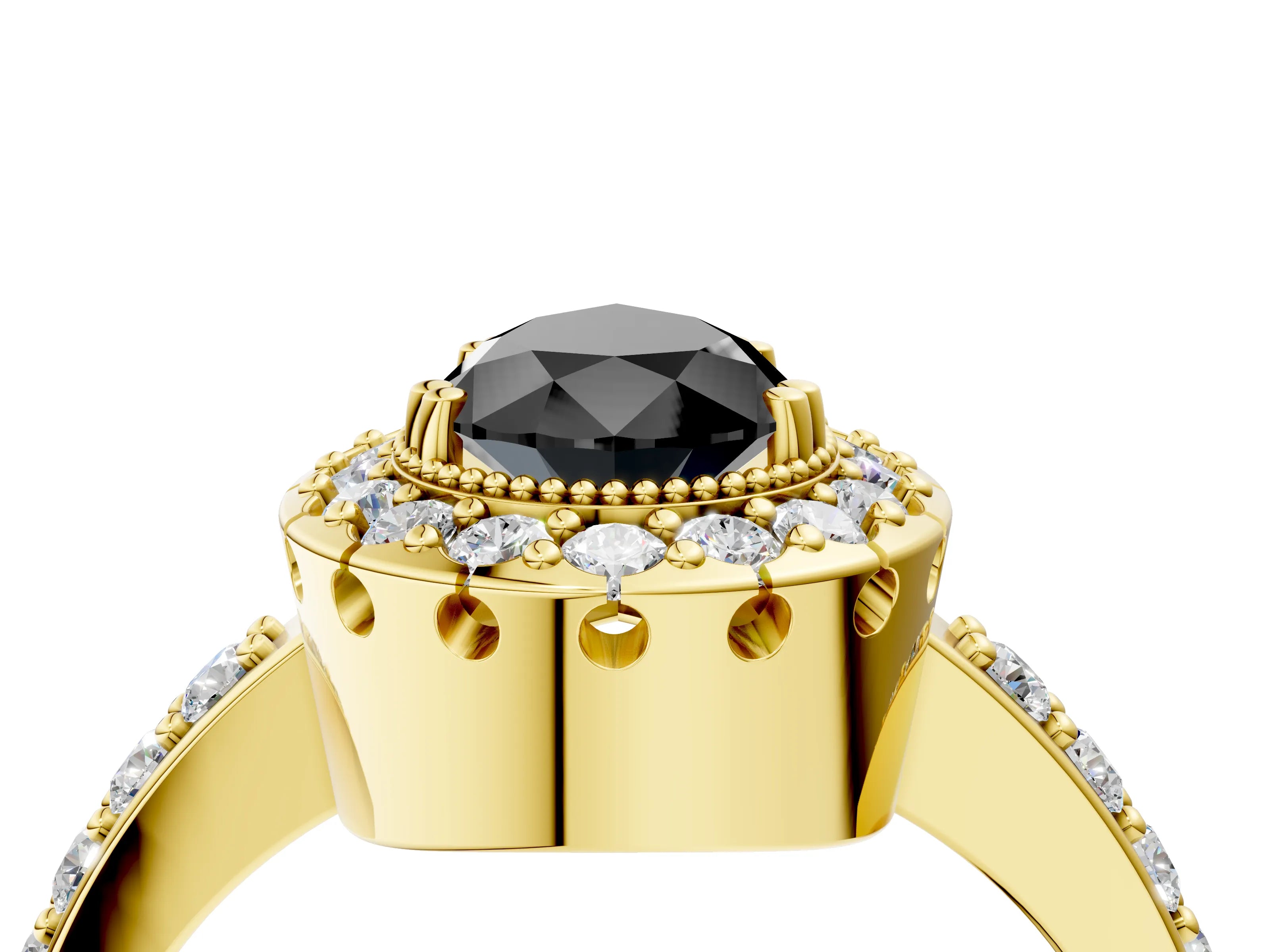 Yellow gold Fancy Black Pear Cut Diamond Halo Ring with Pavé Band and Prong Setting_4