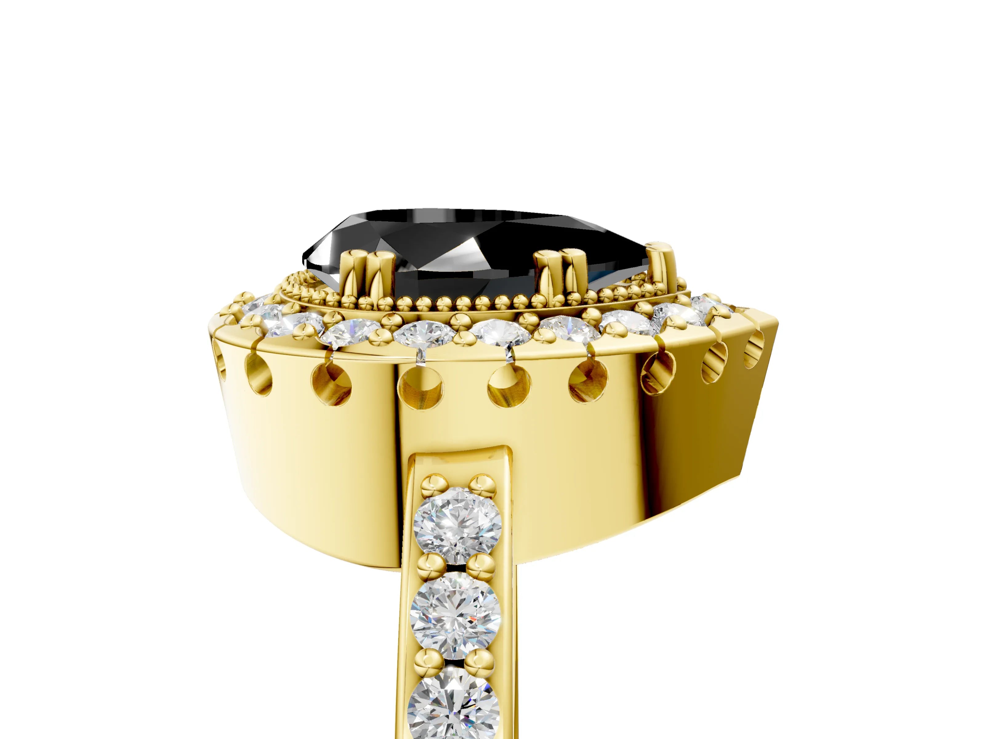Yellow gold Fancy Black Pear Cut Diamond Halo Ring with Pavé Band and Prong Setting_5