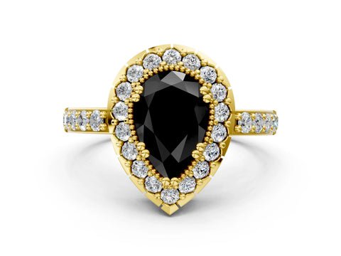 Yellow gold Fancy Black Pear Cut Diamond Halo Ring with Pavé Band and Prong Setting