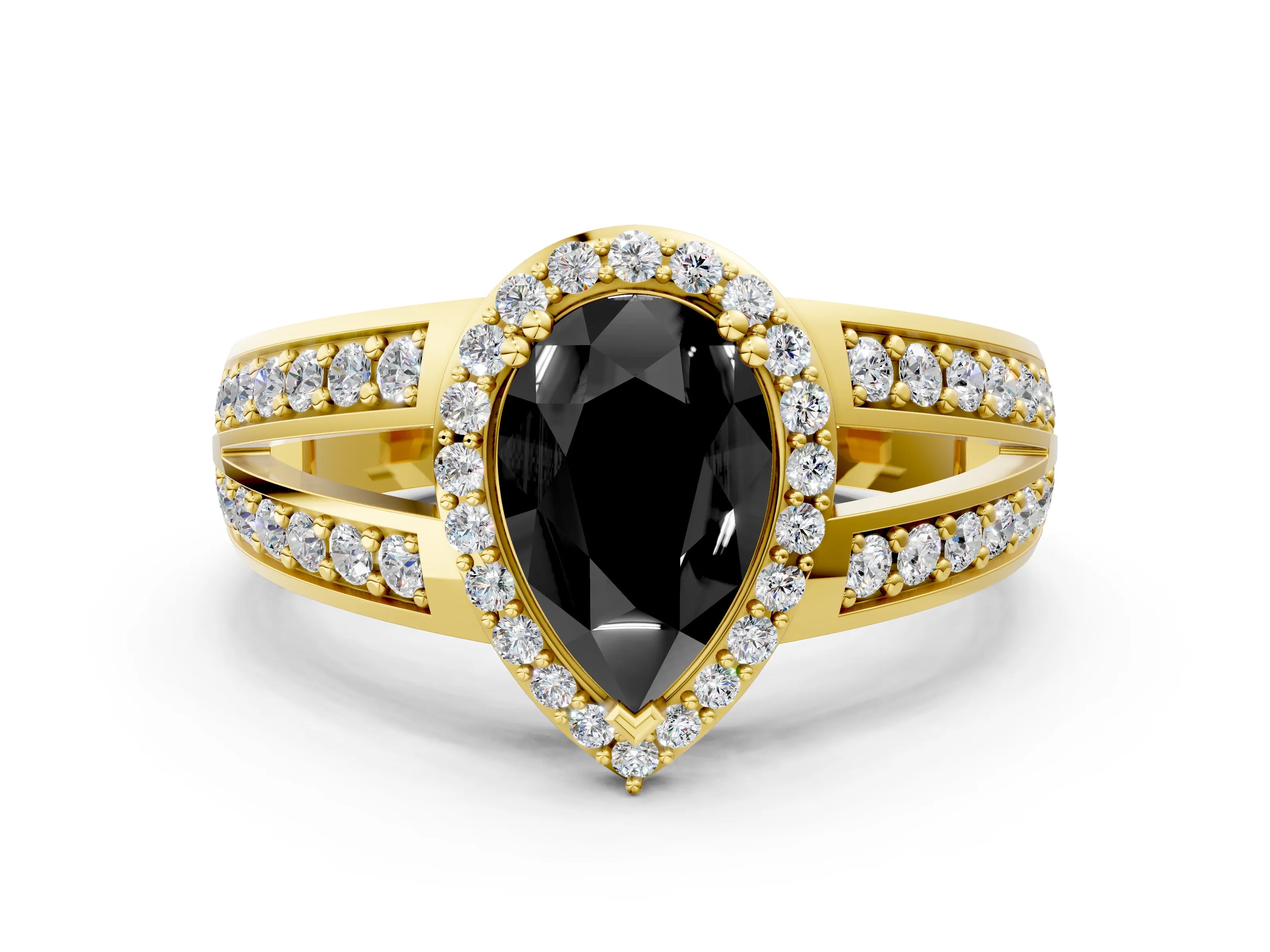 Yellow gold Fancy Black Pear Cut Diamond Halo Ring with Split Shank Pavé Band and Four-Prong Setting