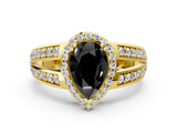 Yellow gold Fancy Black Pear Cut Diamond Halo Ring with Split Shank Pavé Band and Four-Prong Setting