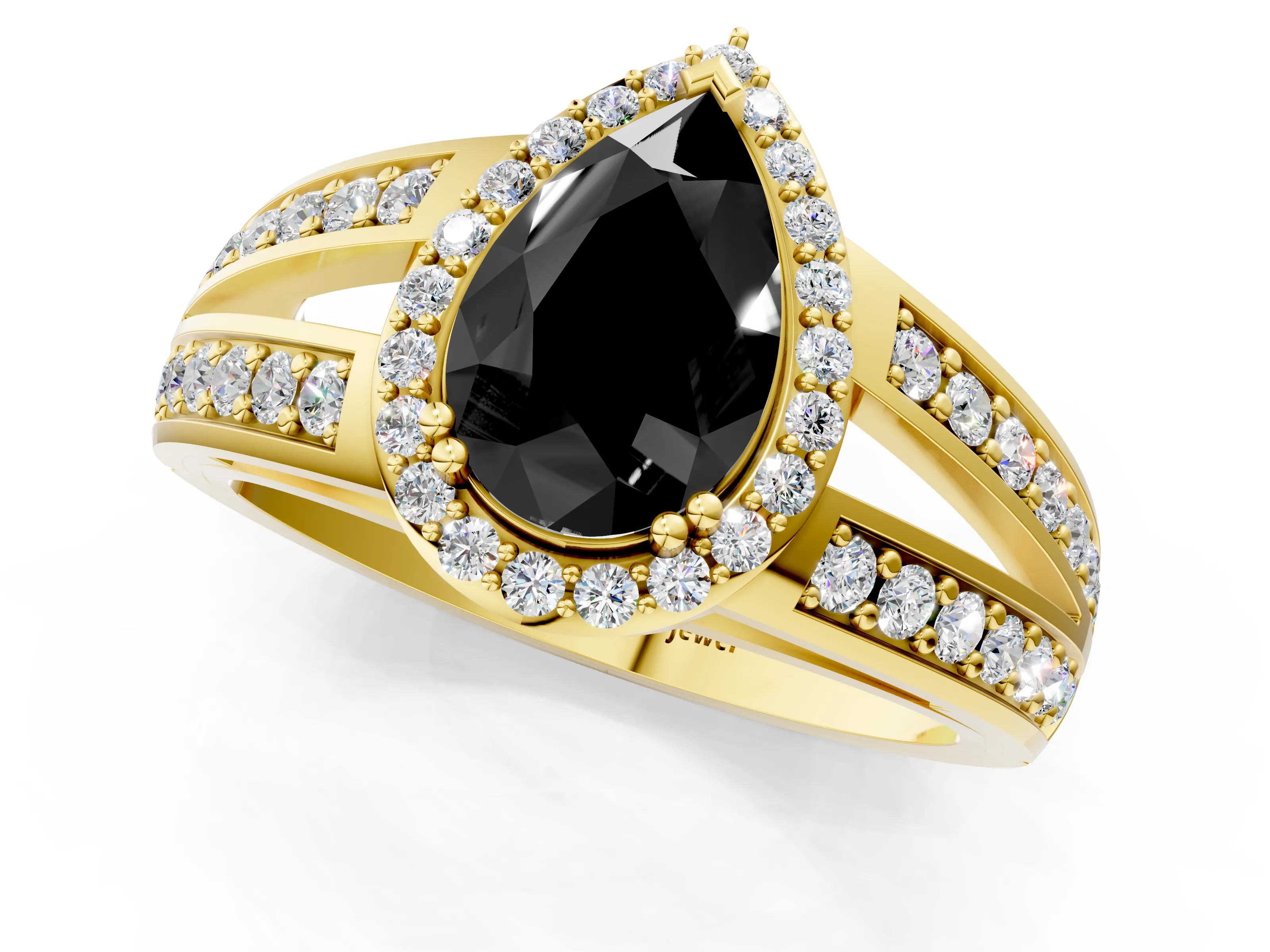 Yellow gold Fancy Black Pear Cut Diamond Halo Ring with Split Shank Pavé Band and Four-Prong Setting_1