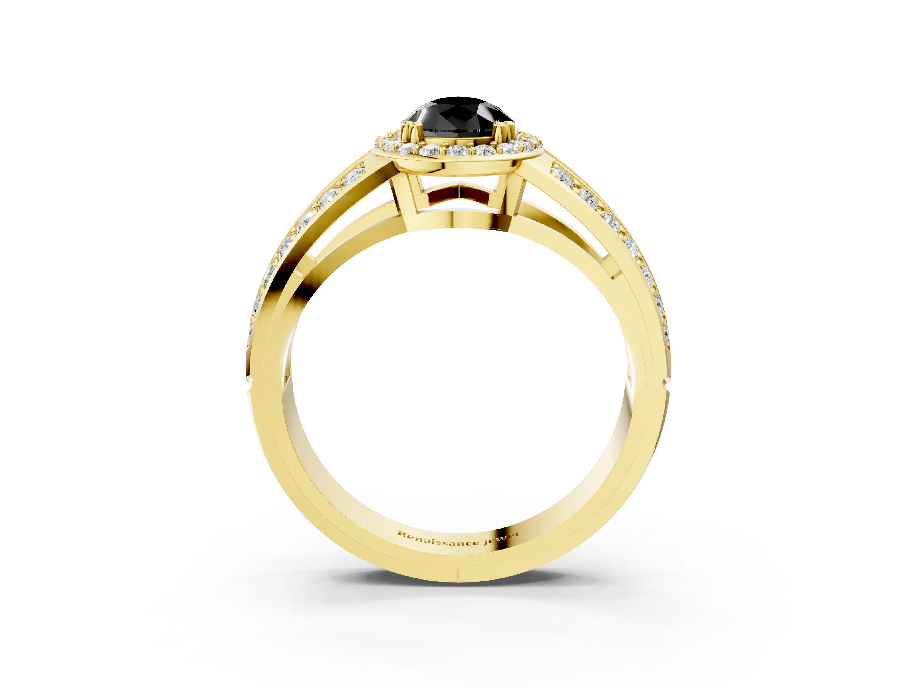 Yellow gold Fancy Black Pear Cut Diamond Halo Ring with Split Shank Pavé Band and Four-Prong Setting_3