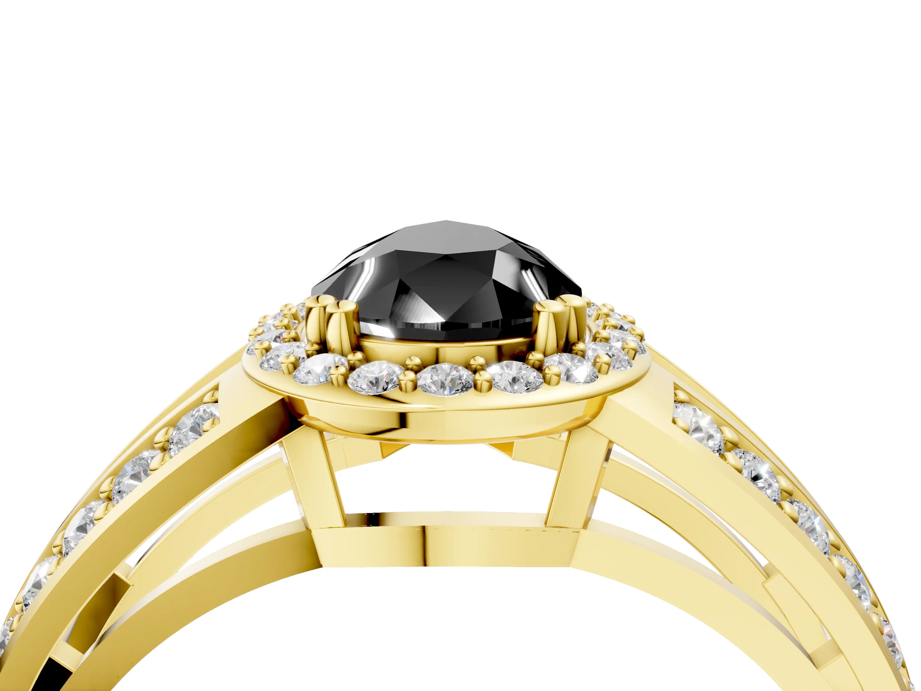 Yellow gold Fancy Black Pear Cut Diamond Halo Ring with Split Shank Pavé Band and Four-Prong Setting_4
