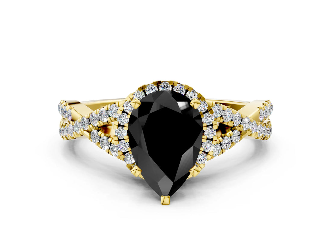 Yellow gold Fancy Black Pear Cut Diamond Halo Twist Band Solitaire Prong Setting Ring