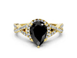 Yellow gold Fancy Black Pear Cut Diamond Halo Twist Band Solitaire Prong Setting Ring