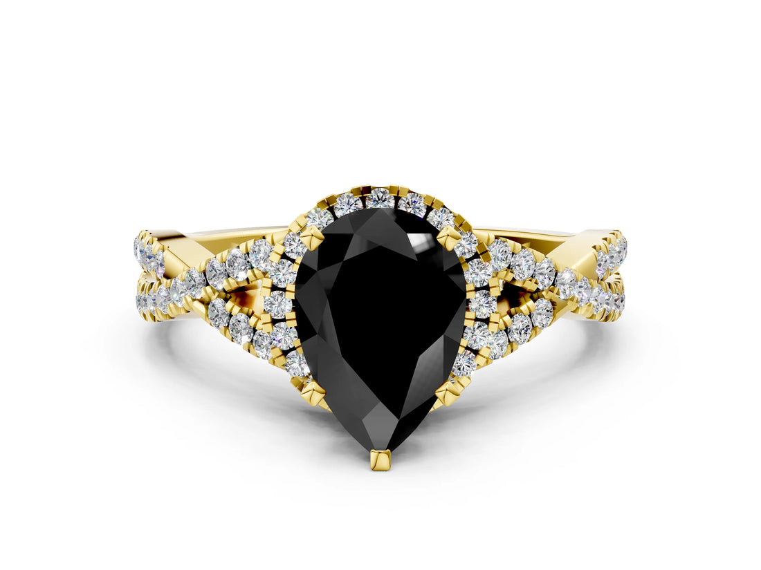 Yellow gold Fancy Black Pear Cut Diamond  Halo Twist Band Solitaire Prong Setting Ring_42