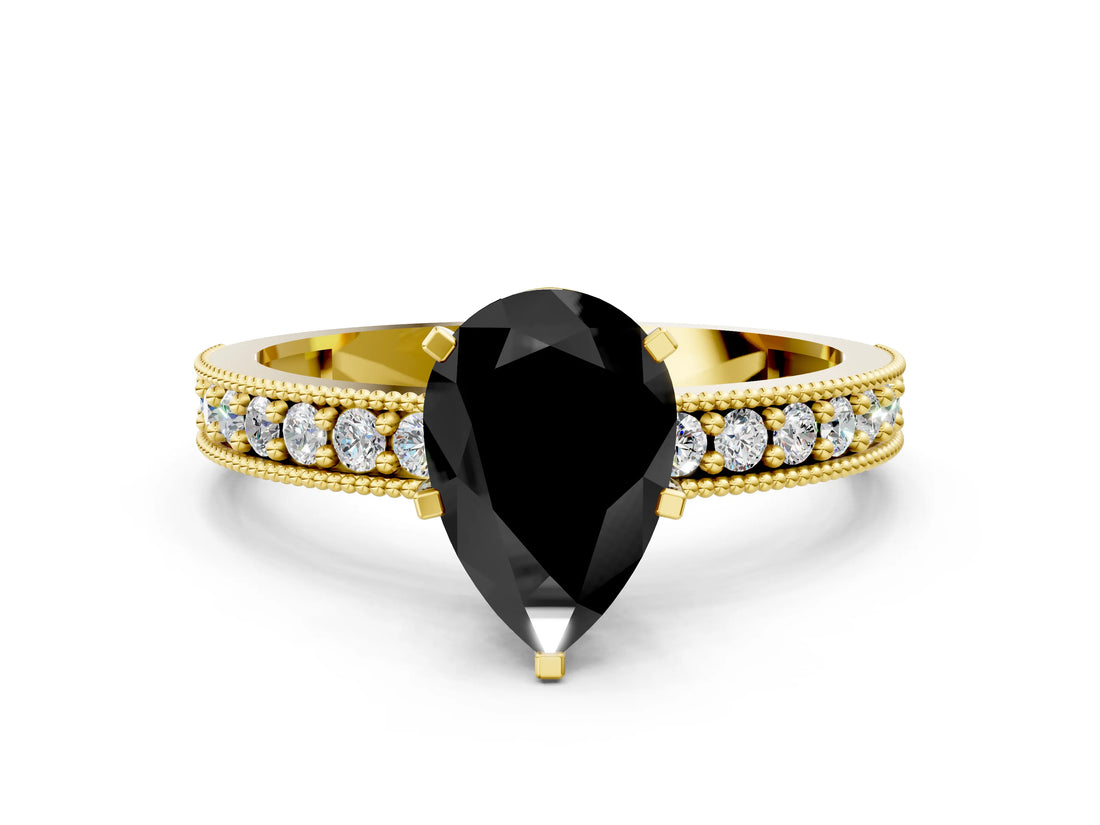 Yellow gold Fancy Black Pear Cut Diamond Milgrain Pavé Engagement Ring with Four-Prong Setting