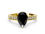 Yellow gold Fancy Black Pear Cut Diamond Milgrain Pavé Engagement Ring with Four-Prong Setting