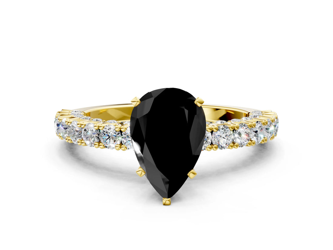 Yellow gold Fancy Black Pear Cut Diamond Pavé Band Solitaire Ring with Prong Setting_12