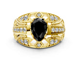 Yellow gold Fancy Black Pear Cut Diamond Pave Art Deco Split Shank Ring with Four-Prong Setting
