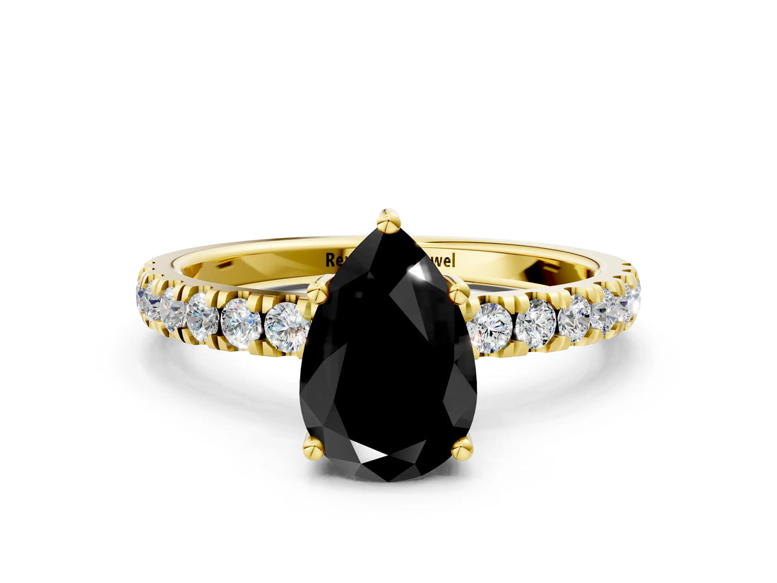 Yellow gold Fancy Black Pear Cut Diamond Pave Band Solitaire Ring with Four-Prong Setting_12