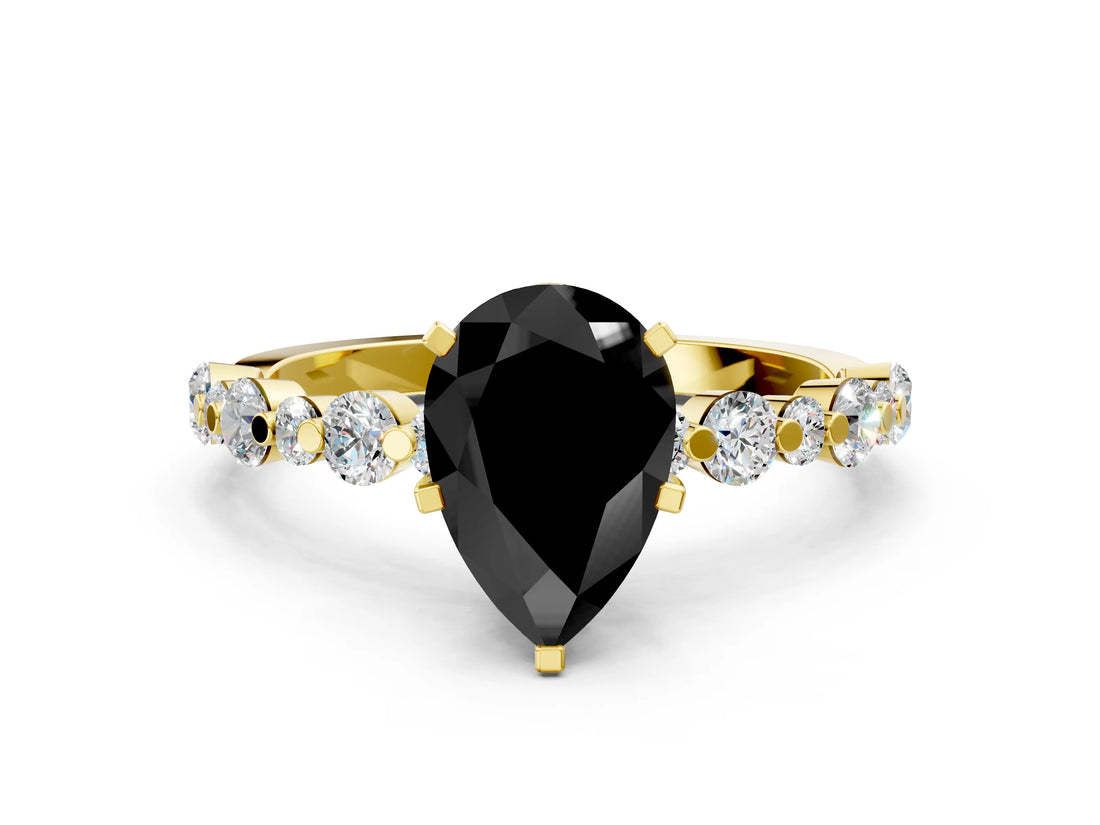 Yellow gold Fancy Black Pear Cut Diamond Prong Set Engagement Ring with Pave Band