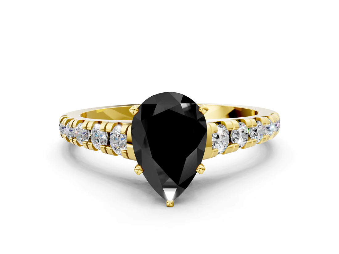 Yellow gold Fancy Black Pear Cut Diamond Solitaire Ring with Cathedral Setting and Pavé Band