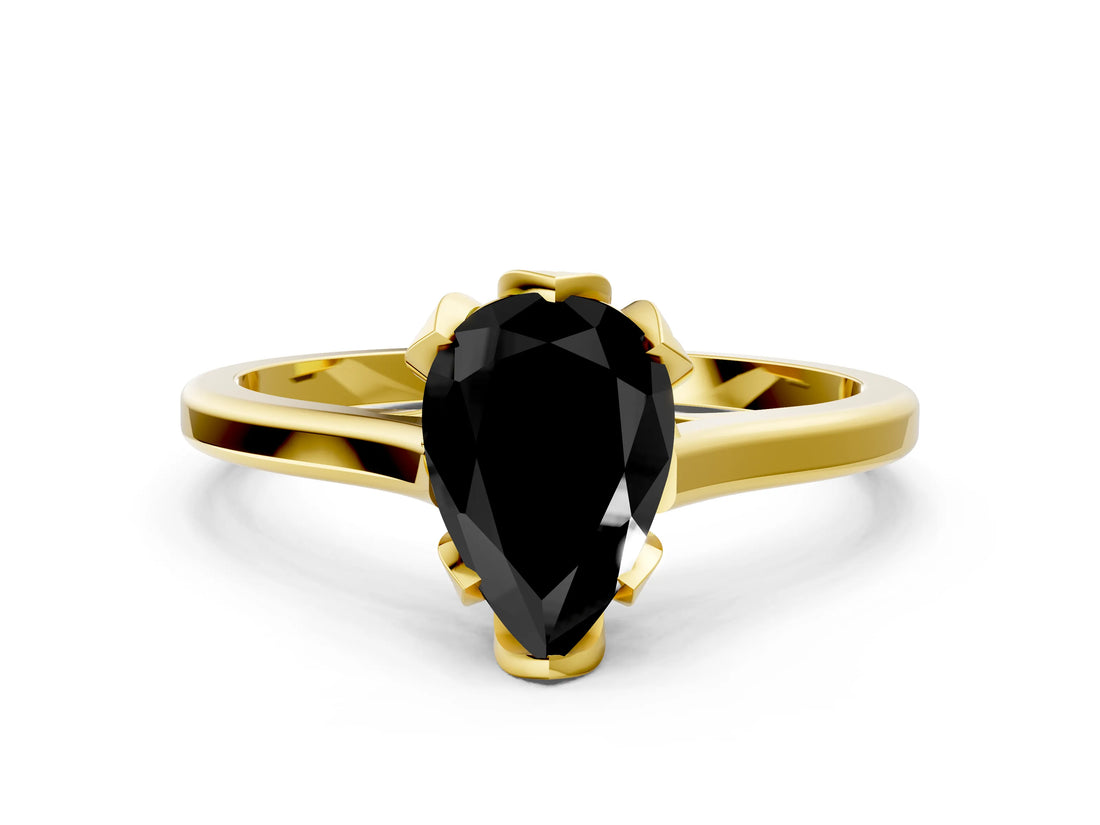 Yellow gold Fancy Black Pear Cut Diamond Solitaire Ring with Flower Prong Setting and Classic Band_36