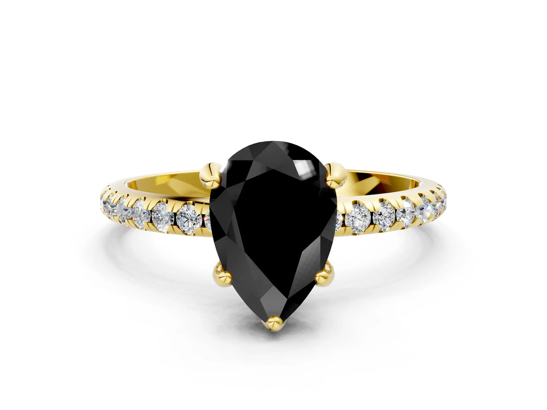 Yellow gold Fancy Black Pear Cut Diamond Solitaire Ring with Four-Prong Setting and Pavé Band_3