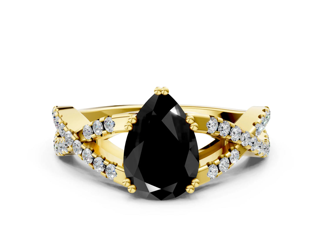 Yellow gold Fancy Black Pear Cut Diamond Solitaire Ring with Four-Prong Setting and Twisted Pavé Band