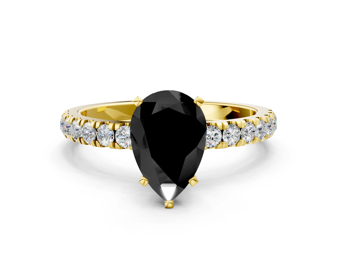 Yellow gold Fancy Black Pear Cut Diamond Solitaire Ring with Pavé Accents and Four-Prong Setting