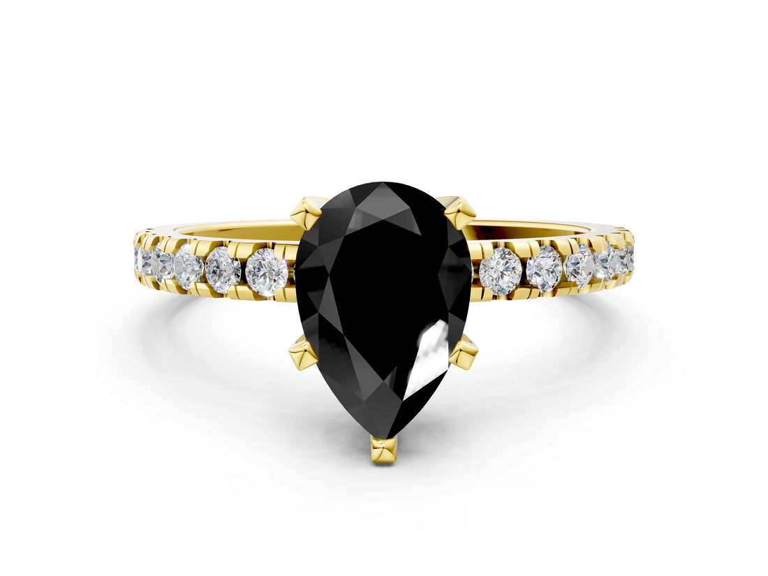 Yellow gold Fancy Black Pear Cut Diamond Solitaire Ring with Pavé Band and Four-Prong Setting_12
