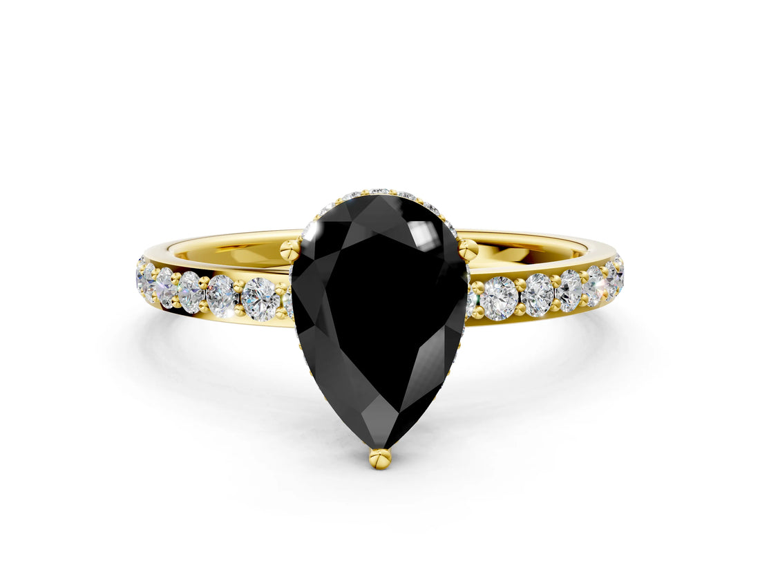 Yellow gold Fancy Black Pear Cut Diamond Solitaire Ring with Pavé Band and Hidden Halo_12