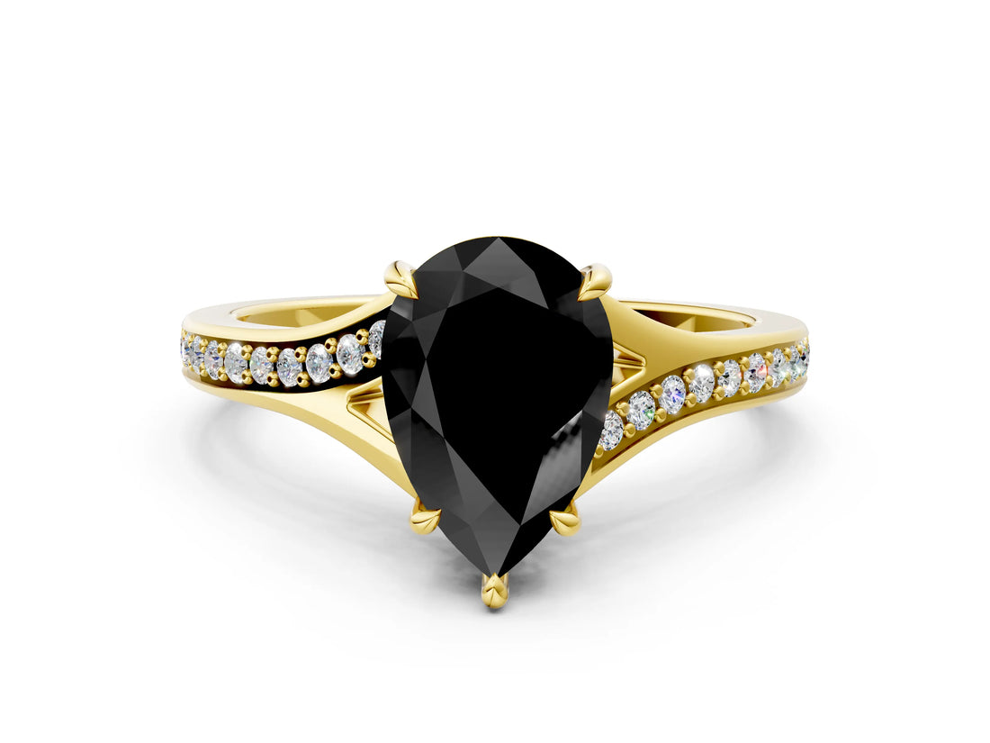Yellow gold Fancy Black Pear Cut Diamond Solitaire Ring with Pavé Band and Prong Setting_12