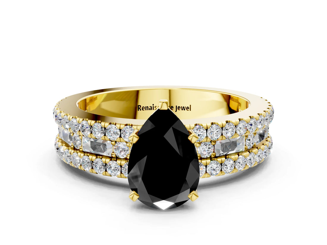 Yellow gold Fancy Black Pear Cut Diamond Solitaire Ring with Pavé and Channel Set Band