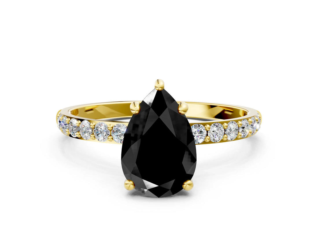 Yellow gold Fancy Black Pear Cut Diamond Solitaire Ring with Pave Band and Four Prong Setting_12