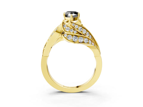 Yellow gold Fancy Black Pear Cut Diamond Solitaire Ring with Prong Setting and Twisted Pavé Band_3