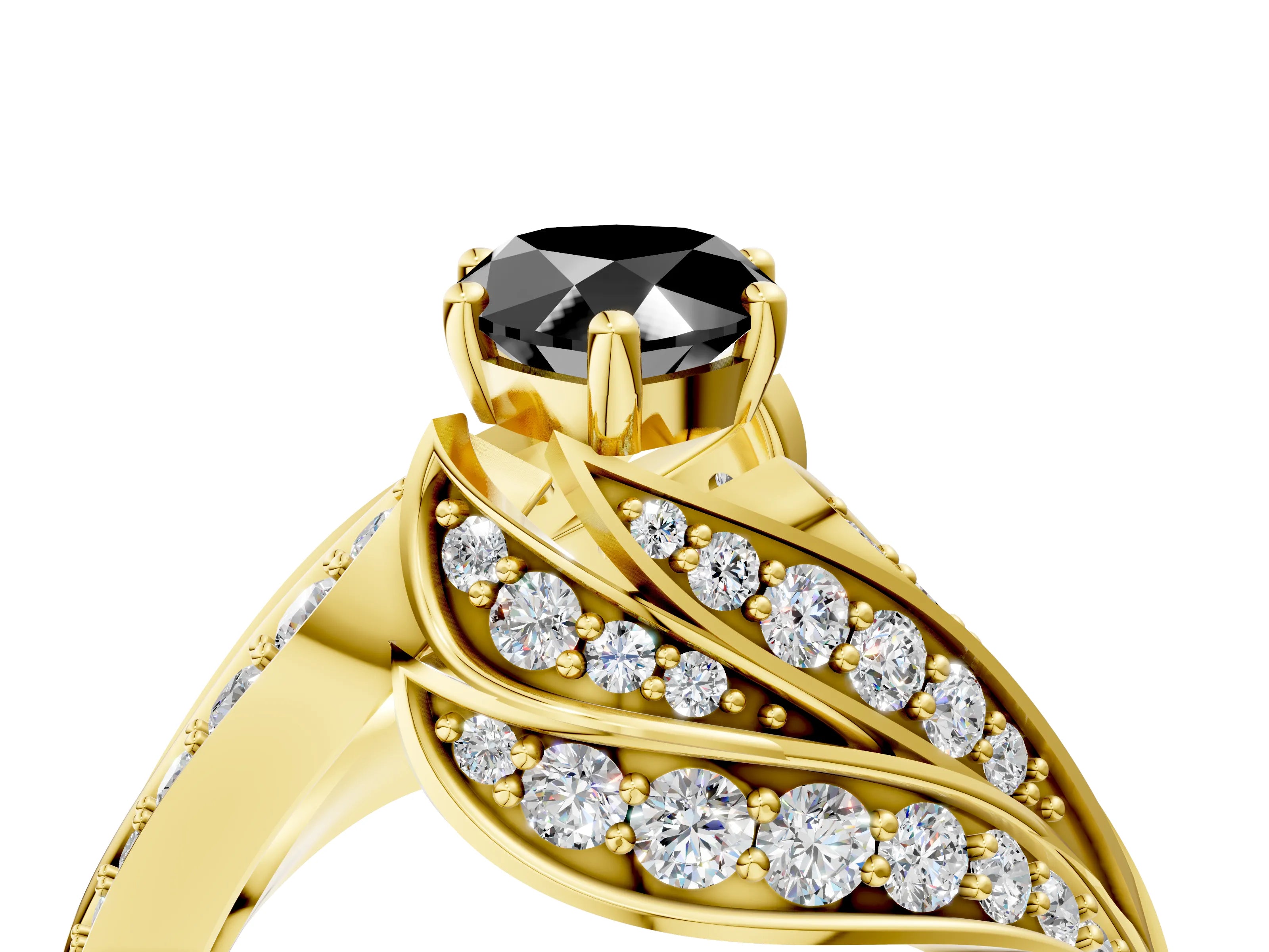 Yellow gold Fancy Black Pear Cut Diamond Solitaire Ring with Prong Setting and Twisted Pavé Band_4