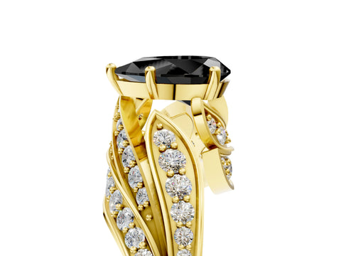 Yellow gold Fancy Black Pear Cut Diamond Solitaire Ring with Prong Setting and Twisted Pavé Band_5