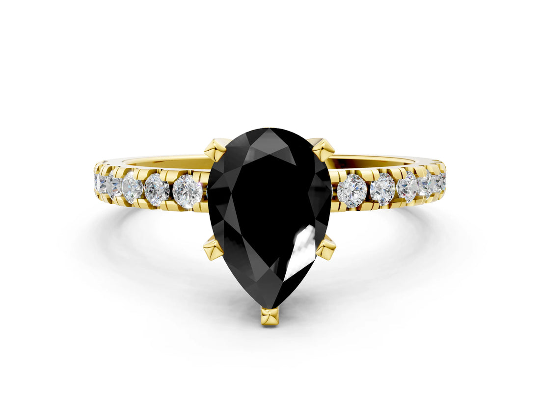 Yellow gold Fancy Black Pear Cut Diamond Solitaire Ring with Round  Pavé Band and Four-Prong Setting_36