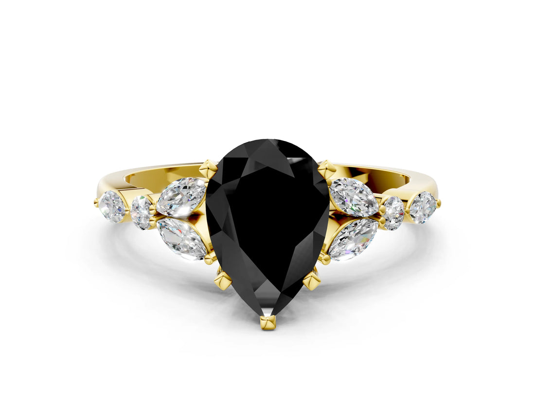 Yellow gold Fancy Black Pear Cut Diamond Solitaire Ring with Side Stones and Four-Prong Setting_12