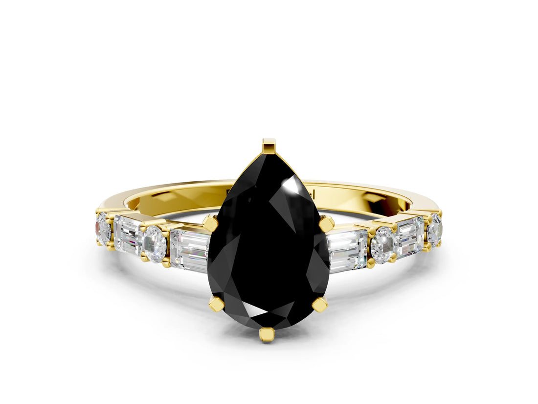 Yellow gold Fancy Black Pear Cut Diamond Solitaire with Side Baguettes and Channel Set Band